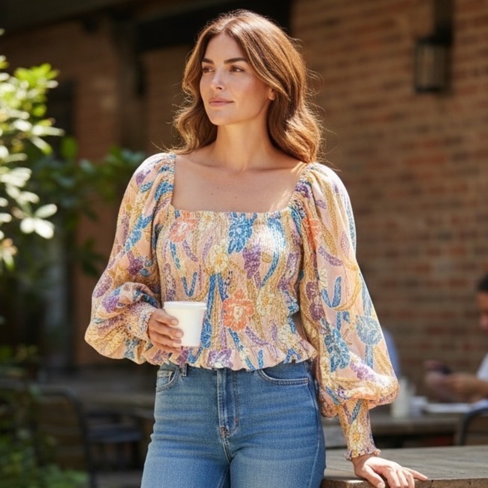 Urban Outfitters Floral Smocked Puff Sleeve Blouse Bohemian Cottagecore Festival - Picture 12 of 12